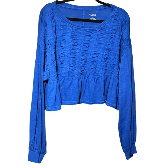 Pilcro | Anthropologie Textured Long Balloon Sleeve Cropped Blue Blouse Top - Picture 2 of 9
